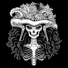 Vector Black and White Skeleton Catrina Illustration  