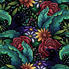 Vector Ravens and Flowers Seamless Pattern