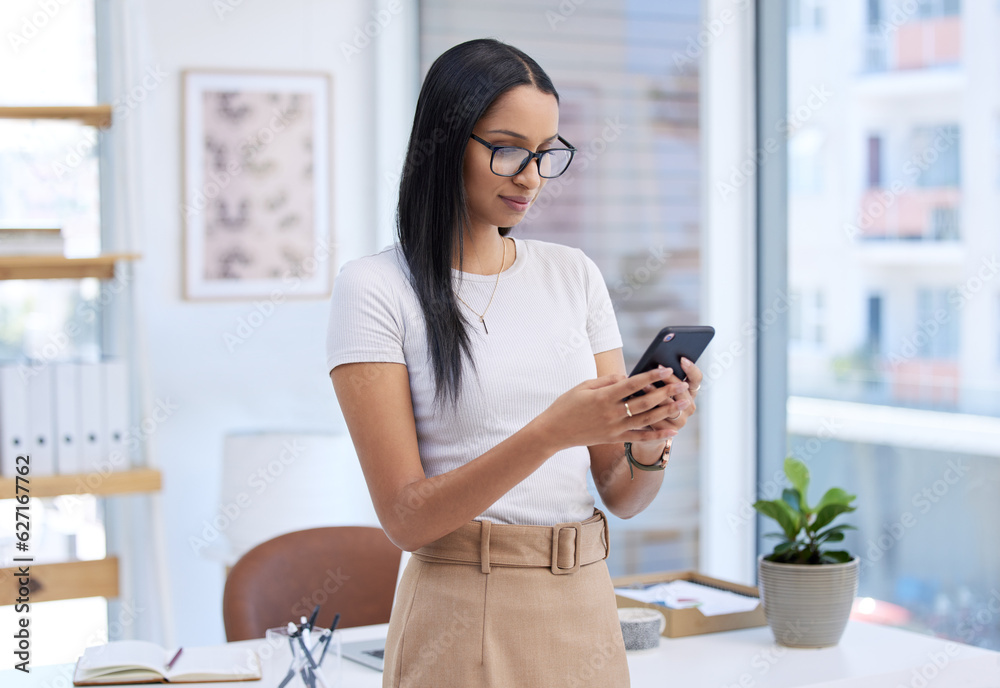 Poster business woman with smartphone, chat and typing with social media, communication and connectivity in