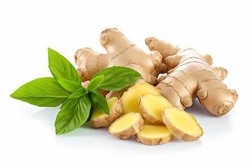 Fototapeta premium Fresh ginger root sliced ​​with green leaves, Ginger rhizome isolated on white background , Created with Generative Ai Technology