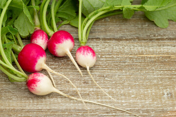Bunch of red round radishes on the brown wooden board.