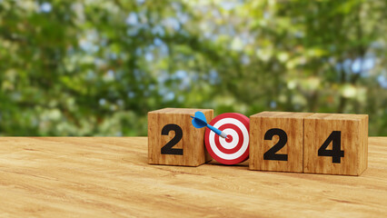 2024 Year wooden cubes with dart and target icon. Goal, Target, Resolution, strategy, plan, Action, mission, motivation, and New Year start concept. 3d illustration