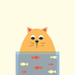 Flat illustration with cute funny cat and fish in aquarium