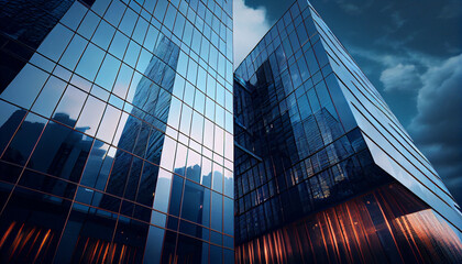 Fototapeta na wymiar Reflective skyscrapers, business office buildings, view of the city Ai generated image