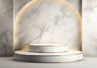White 3d podium with marble texture and golden elements. Empty stage or pedestal mockup illuminated with spotlight. Podium or platform for award ceremony and product presentation. AI Generative.