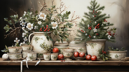 Fototapeta na wymiar decoration arround a little christmas tree in watercolor vintage style