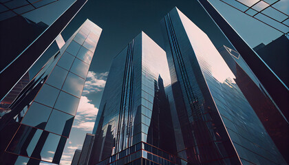 Reflective skyscrapers, business office buildings,  view of the city Ai generated image