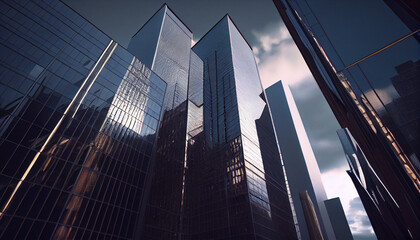 Reflective skyscrapers, business office buildings,  view of the city Ai generated image