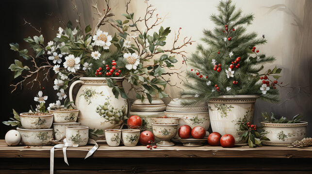 decoration arround a little christmas tree in watercolor vintage style