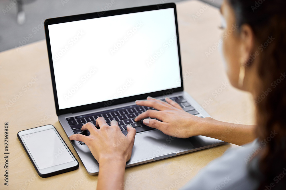 Leinwandbilder screen mockup, laptop and woman hands typing with computer information and research. office, employe