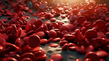 Obraz premium 3D illustration mockup of the human organ systems, circulatory, digestive, red and white bloodcells wtih blurred backgroun. Medical education concept, Generative AI illustration