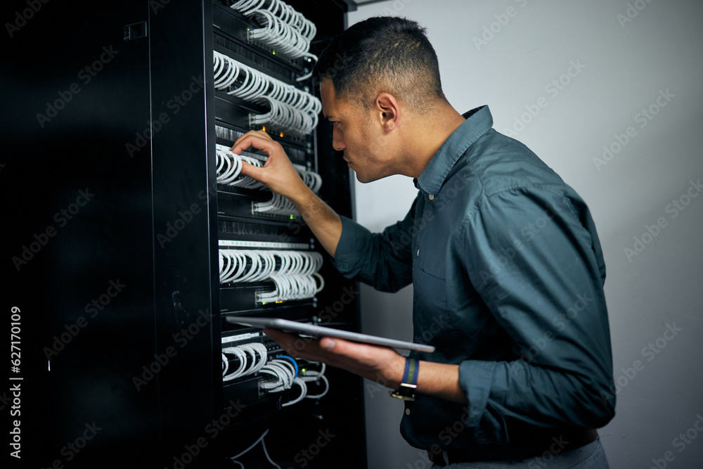 Poster Engineer man, tablet and cables in server room inspection, thinking or check for analysis, night and programming. Information technology expert, touchscreen or database with problem solving mindset
