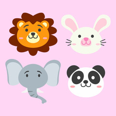 Cute Animal Head, lion, rabbit, elephant and panda. Vector set stock