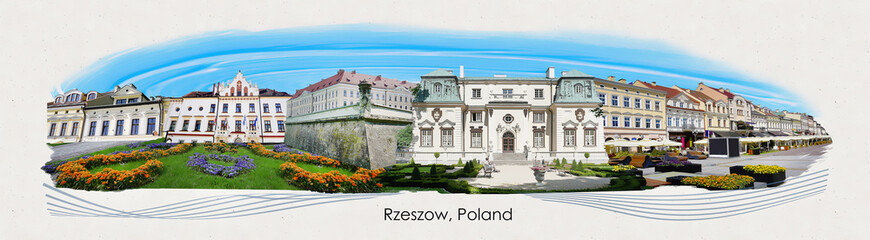 Art collage, design in modern contemporary retro style about Rzeszow at Poland
