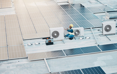 Engineer woman, speaker call and phone in construction, solar energy and maintenance for air conditioner on rooftop. Technician, photovoltaic tech and hvac on roof, building and electricity in city © Lategan/peopleimages.com