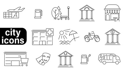Linear icons about the city. Contains the following icons: bank, hospital, museum, theater, mall, bicycles, buses, gas station, beach and park