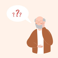 Older man has Alzheimer’s disease and a question above him in the speech bubble. Loss of short-term memory, difficulty concentrating, problems planning and pondering things are symptoms of dementia.