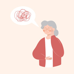 Woman has depression with bewildered thoughts in her mind. Loss of short-term memory, difficulty concentrating, problems planning and pondering things are symptoms of dementia.