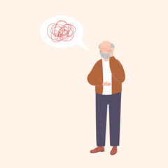 A flat vector illustration of an elderly man who is dizzy. Dizziness and severe headache. Isolated design on a white background.
