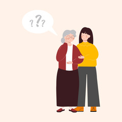 Young woman caring her grandma. Social help. Care senior, volunteer works with elderly helps supports them. Old people, memory loss, dementia, Alzheimer mental health disorder concept.