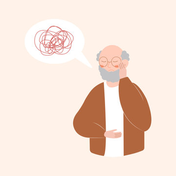A flat vector illustration of an elderly man who is dizzy. Dizziness and severe headache. Isolated design on a white background.