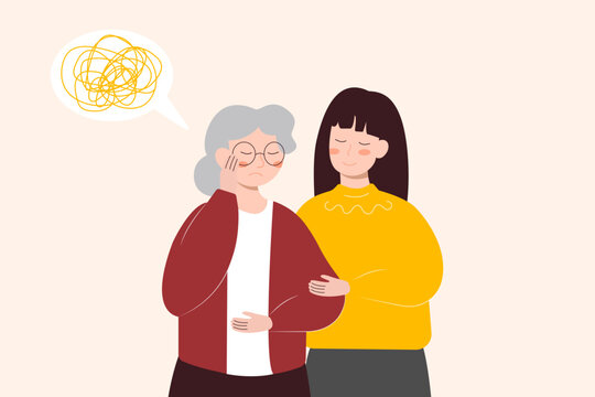 An elderly woman suffers from migraine, confusion, memory loss, dementia. Young female, volunteer helps. Mental age-related diseases. Vector flat graphics.