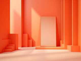 Abstract minimalistic scene with geometric shapes. Podium stage orange color for presentation AI
