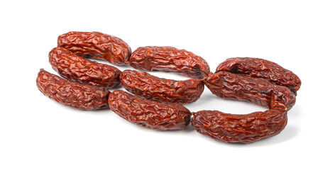 Obraz premium Dry Smoked Sausages Isolated, Salami Sticks, Kielbasa, Cabanossi, Kabanos, Dry Embutido, Chorizo, Bratwurst