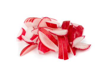 Chopped Radish Roots Isolated, Red Root Cuts, Diced Red Radishes Pile, Sliced Radis on White Background