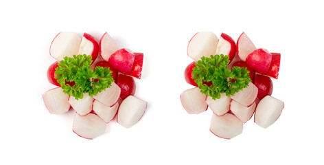 Chopped Radish Roots Isolated, Red Root Cuts, Diced Red Radishes Pile, Sliced Radis on White Background Closeup