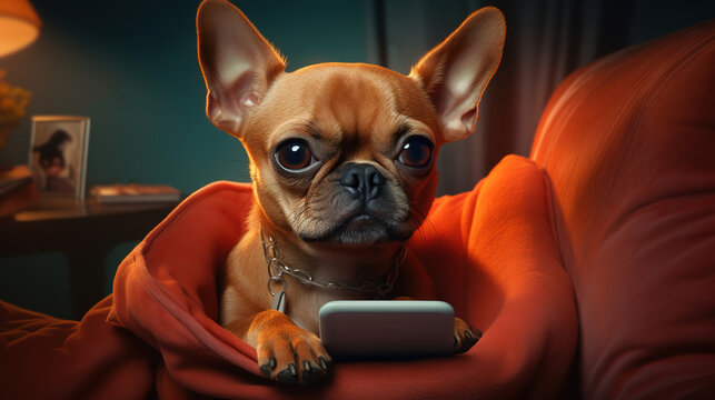 Brown Chihuahua dog on the orange sofa, ai art