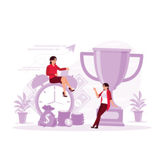 concept of time management. Successful female employees at work. Women sitting on clocks, women sitting in front of chalices. Trend Modern vector flat illustration