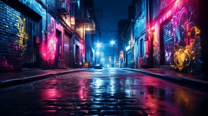 Alluring dark urban street, mysterious graffiti, neon-lit