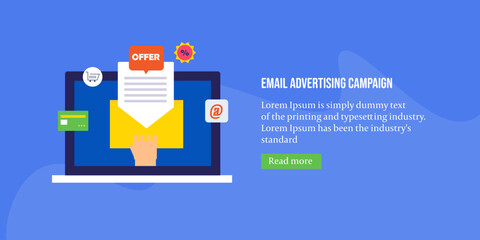 Obraz premium Advertising campaign email message ecommerce, business promotion newsletter subscription shopping discount offer, person interacting with mail letter. Vector illustration web banner. 