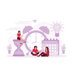 small entrepreneurs are in front of clocks, calendars, and large hourglasses, writing down business plans that will go through. Time management concept. Trend Modern vector flat illustration