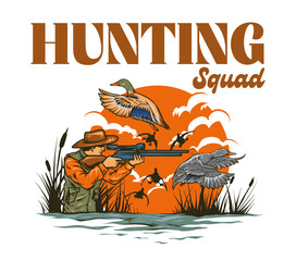 hunting birds squad on the swamp illustration