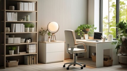 Minimalist all-white workspace promotes comfort and focus with industrial-style table lamp, ergonomic chairs, and clean bookshelves