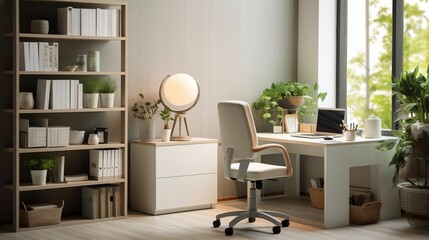 Fototapeta premium Minimalist all-white workspace promotes comfort and focus with industrial-style table lamp, ergonomic chairs, and clean bookshelves