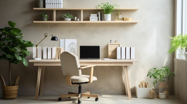 Minimalist all-white workspace promotes comfort and focus with industrial-style table lamp, ergonomic chairs, and clean bookshelves