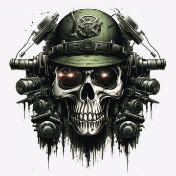 military emblems with skulls in pilot tankman soldier navy seal helmets. AI Generative.