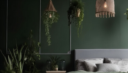 Bed between ladder and plant in green boho bedroom interior with grey carpet under lamps, generative ai