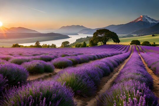 lavender field at sunset generative Ai