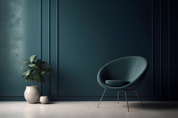 A blue chair in the living room with potted and green plants in a vase. Cozy corner with a blue chair and a green plant, Generative AI
