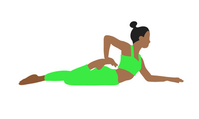 Fototapeta na wymiar Flexibility pilates yoga pose. African American female, lady, woman, girl. Meditation, pilates, mental health, training gym. Vector illustration in cartoon flat style isolated on white background.