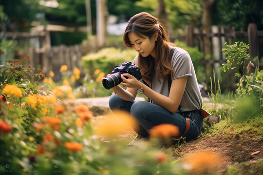 Woman photographer taking photo in the garden using camera shooting trees in blossom