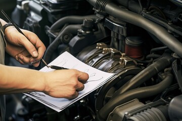 Obraz premium Skilled mechanic working on a car's engine with precision tools and expertise, automotive repair concept, copy space, Generative AI