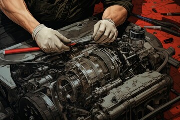 Skilled mechanic working on a car's engine with precision tools and expertise, automotive repair concept, copy space, Generative AI