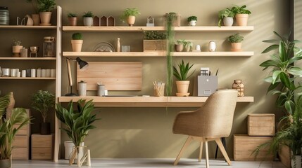 Eco-friendly workspace, wooden study table, flower pots, stationery, creating warmth and sustainability