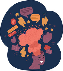 Cartoon vector illustration of Handsome thinking young man mind blown gesture showing explosion