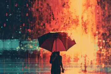 Rainy Day Reflections A person holding an umbrella in the rain, with vibrant city lights reflecting on wet pavement, Generative AI